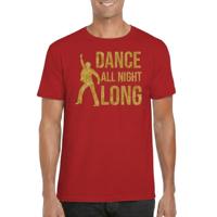 Verkleed Disco T-shirt voor heren - dance all night long - gouden glitter print - rood - 70 / 80