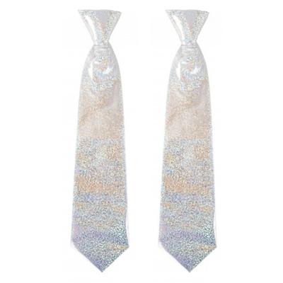 Carnaval verkleed stropdas - 2x - glitter zilver - volwassenen - 40 cm - met elastiekje