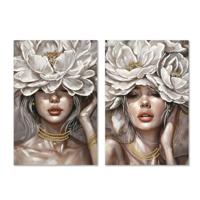 Canvas Home ESPRIT Wit Beige Blommor Romantiek 60 x 3 x 90 cm (2 Stuks)