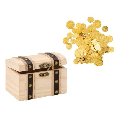 Houten piraten schatkist - 17 x 12.5 cm - met 100x plastic gouden piraten geld munten - Speelgoed