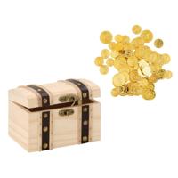 Houten piraten schatkist - 17 x 12.5 cm - met 100x plastic gouden piraten geld munten - Speelgoed