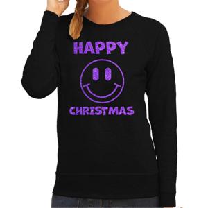 Foute kersttrui/sweater voor dames - Happy Christmas - zwart - glitter paars - Smile Emoticon