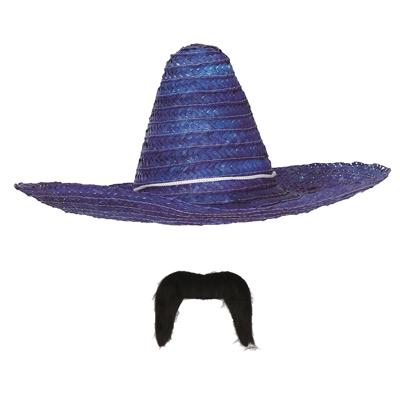 Carnaval verkleed set - Mexicaanse sombrero hoed met plaksnor - blauw - heren