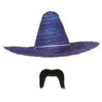 Carnaval verkleed set - Mexicaanse sombrero hoed met plaksnor - blauw - heren