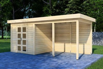 Prime Line blokhut 300x300 cm + overkapping 400 cm + achterwand- Plat dak- Onbehandeld vurenhout- Van Kooten - Van Kooten