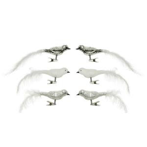 Decoratie vogels - 6x - op clip - wit/zilver - 8 cm - glas - kerstversiering - vogeltjes