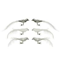 Decoratie vogels - 6x - op clip - wit/zilver - 8 cm - glas - kerstversiering - vogeltjes