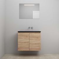 On-Line Badkamermeubelset - 80 cm - Voorgemonteerd - Greeploze Ladestructuur - Acryl Wastafel - zonder Kraangat - Spiegel met LED-Verlichting - Eiken