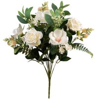 Louis Maes Kunstbloemen boeket rozen/magnolia met bladgroen - wit - H50 cm - Bloemstuk - Kunstbloemen - thumbnail