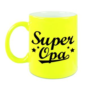 Super opa cadeau mok / beker neon geel met sterren 330 ml   -