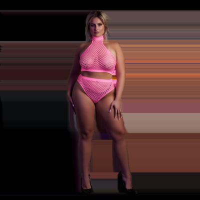 Ouch! by Shots Turtleneck en Hoge Taille Slip - Plus Size - Neon Roze