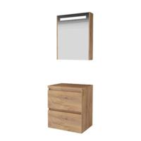Basic-Line Premium 46 Badkamermeubelset - 60 x 46 cm - Greeploos - 2 Lades - Wastafelblad - Spiegelkast met LED Verlichting - Whisky Oak