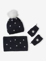 Meisjesmuts + snood + wanten/handschoenen madeliefjes voor meisjes marineblauw - thumbnail