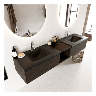 Mondiaz Bukla 200cm badmeubel met open module 40 dark brown 2 lades met wastafel dubbel 2 kraangaten kleur urban