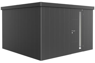 Biohort Metalen tuinhuis Neo - Enkele deur - Donkergrijs - 4D (348x348 cm)- Plat dak- Metaal- Biohort