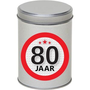 Cadeau/kado zilver rond blik 80 jaar 13 cm