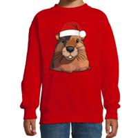 Kersttrui / sweater familie Bever - kinderen - dieren - rood - kerstmuts - Kerstmis