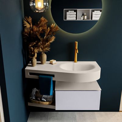 MONDIAZ RIVA 100cm badmeubel onderkast / planchet kleur Cale met 1 lade. Wastafel DULCET rechts 1 kraangat kleur Linen. MONDIAZ RIVA 100cm badmeubel onderkast / planchet kleur Cale met 1 lade. Wastafel DULCET rechts 1 kraangat kleur Linen.