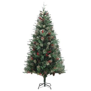 The Living Store kerstboom Groen PVC/PE 225 cm - Dennenappels en rode bessen