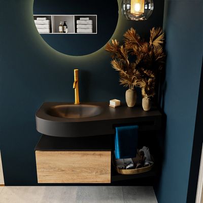 MONDIAZ RIVA 100cm badmeubel onderkast / planchet kleur Washed_Oak met 1 lade. Wastafel DULCET links 1 kraangat kleur Urban.