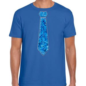 Verkleed t-shirt voor heren - stropdas blauw - pailletten - blauw - carnaval - foute party