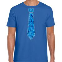 Verkleed t-shirt voor heren - stropdas blauw - pailletten - blauw - carnaval - foute party - thumbnail