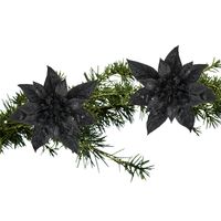 2x stuks kerstboom bloemen kerstster zwart glitter op clip 15 cm - thumbnail