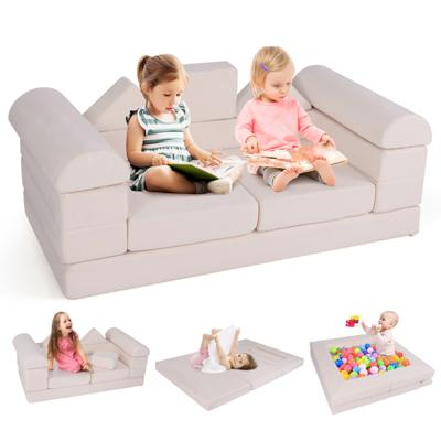 Modulaire Kinderbank 9-Delige Speelbank van Schuimrubber Bouwstenen met Comfortabele Suède Modulaire Bank voor Kinderen (Beige)