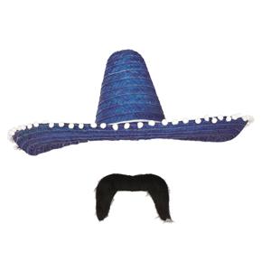 Carnaval verkleed set - Mexicaanse sombrero hoed met plaksnor - blauw - heren