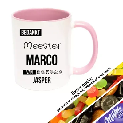 Bedankt Meester mok met naam (roze)