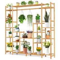 9-Vaks Bamboe Plantenstandaard met Ophangbeugel en Anti-Kantelbeveiliging 2-In-1 Hoekplank voor Hoge en Lage Planten Natuurlijk