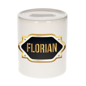 Naam cadeau spaarpot Florian met gouden embleem