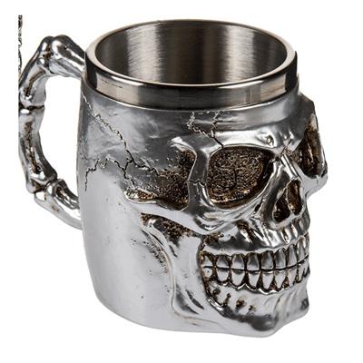 Koffiemok beker met doodskop - zilver - rvs - 16 x 11 cm - Bikers - 400 ml