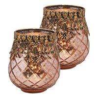 Set van 2x stuks glazen design windlicht/kaarsenhouder rose goud 9 x 10 x 9 cm