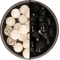 Kerstballen - 74x stuks - wol wit en zwart - 6 cm - kunststof - Kerstbal - thumbnail
