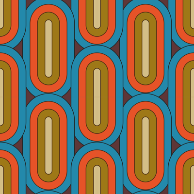 Retro afgerond blauw rood behang woonkamer