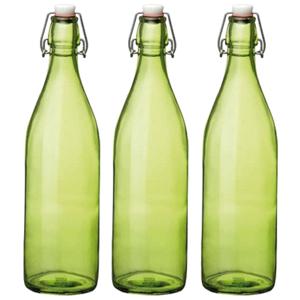 Bormioli rocco waterfles met beugeldop - Set van 3x stuks - groen transparant - 1000 ml - Giara home