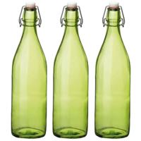 Bormioli rocco waterfles met beugeldop - Set van 3x stuks - groen transparant - 1000 ml - Giara home