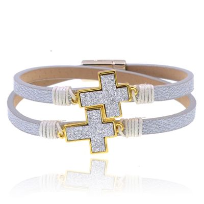 Grijze leren wrap armband voor dames met grijze kruisen