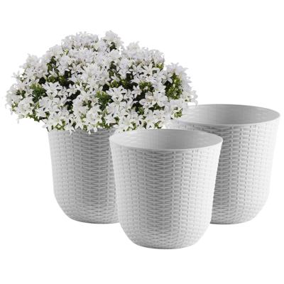 Bloempot/plantenpot - 3x - wit - kunststof - D32 cm - gevlochten mand look - binnen/buiten gebruik