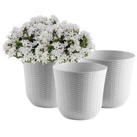 Bloempot/plantenpot - 3x - wit - kunststof - D32 cm - gevlochten mand look - binnen/buiten gebruik