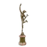 A BRONZE SCULPTURE OF A LARGE MERCURIUS ON A MARBLE BASE A BRONZE SCULPTURE OF A LARGE MERCURIUS ON A MARBLE BASE