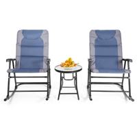 3 Set Opvouwbare Bistro Buiten Schommelstoelen met Ronde Tafel Opvouwbare Stoelen met Glazen Salontafel Gevoerde Stoel Blauw + Grijs