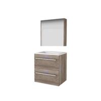 Basic-Line Comfort 46 Badkamermeubelset - 60 x 46 cm - Met Grepen - 2 Lades - Acryl Wastafel - 1 Kraangat - Spiegelkast - Scotch Oak