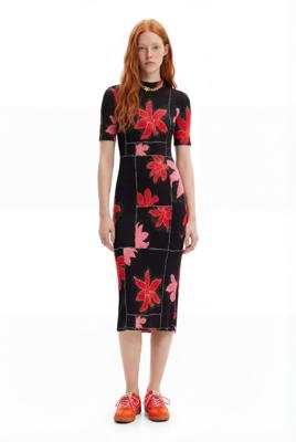 Geribde midi-jurk bloemen - RED - S