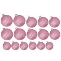 Kerstversiering set glitter kerstballen roze 6 - 8 -10 cm - pakket van 50x stuks - Kerstbal - thumbnail