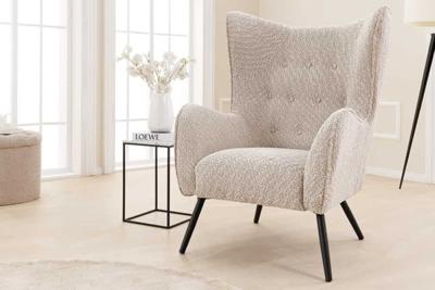 Design XL fauteuil AMSTERDAM greige bouclé zwarte metalen poten retro stijl - 44483