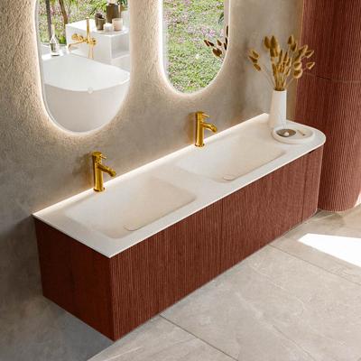 Badmeubel Mondiaz Kurve | 155 cm cm | Meubelkleur Ruby | Wastafelkleur Talc | Solid surface | Dubbel / Links spoelbak | 2 kraangaten