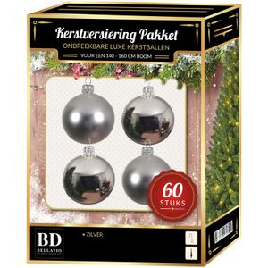 Kerstbal en ster piek set 60x zilver voor 150 cm boom