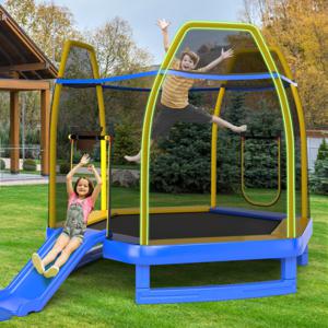 φ 223 cm Tuintrampoline met Glijbaan Trampoline Buiten tot 270 kg Kindertrampoline met Ladder Veiligheidsnet en Oceaanballen Blauw